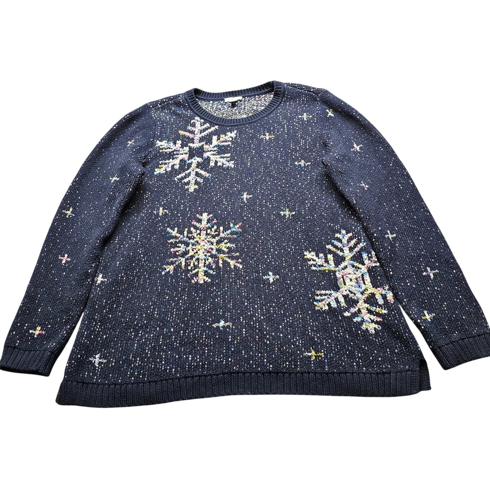 J. Jill Snowflake Knit Pullover Sweater Womens L Navy Blue Multi SSW282781